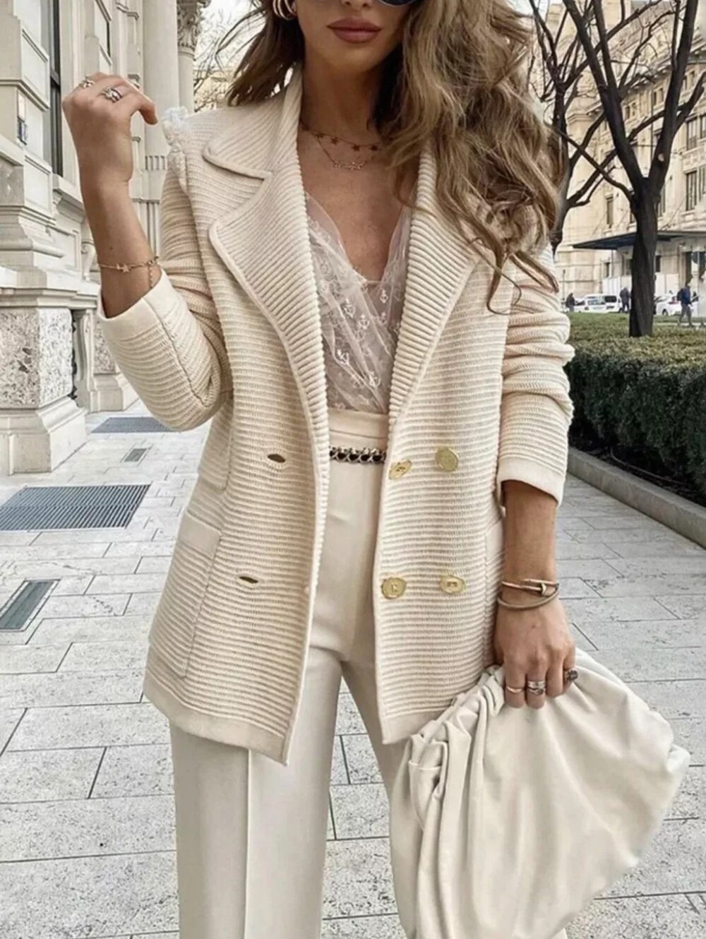 Texture Knit Double-Breasted Blazer